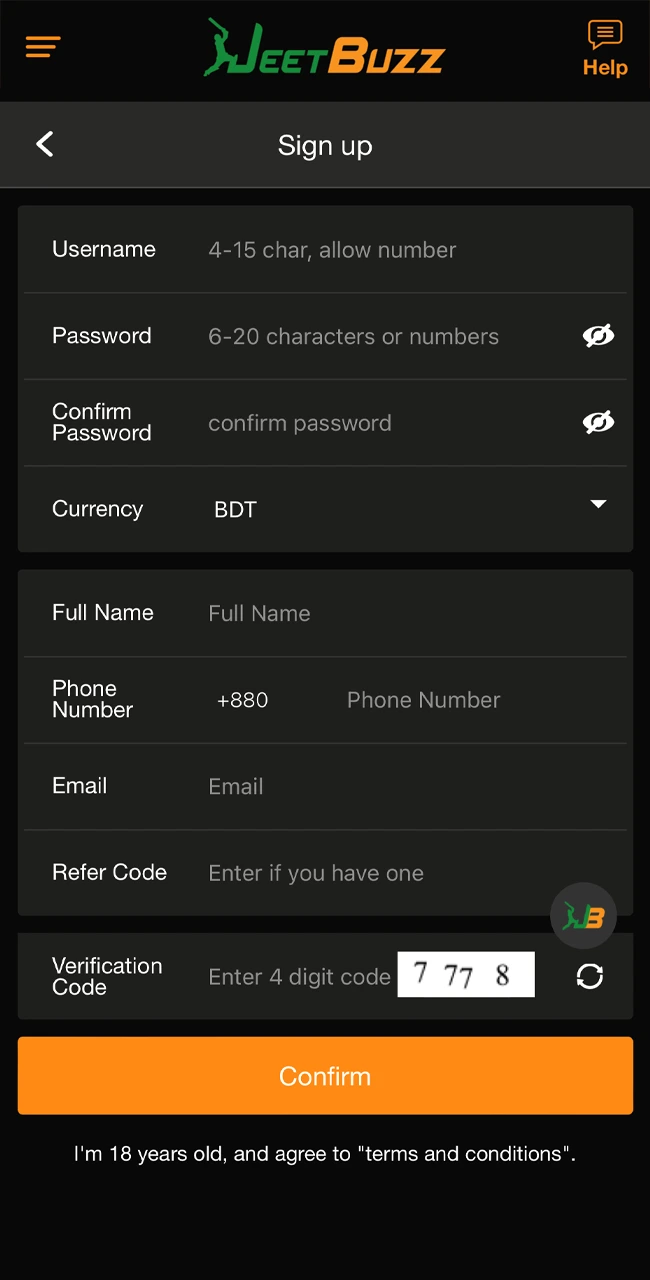JeetBuzz app registration form.