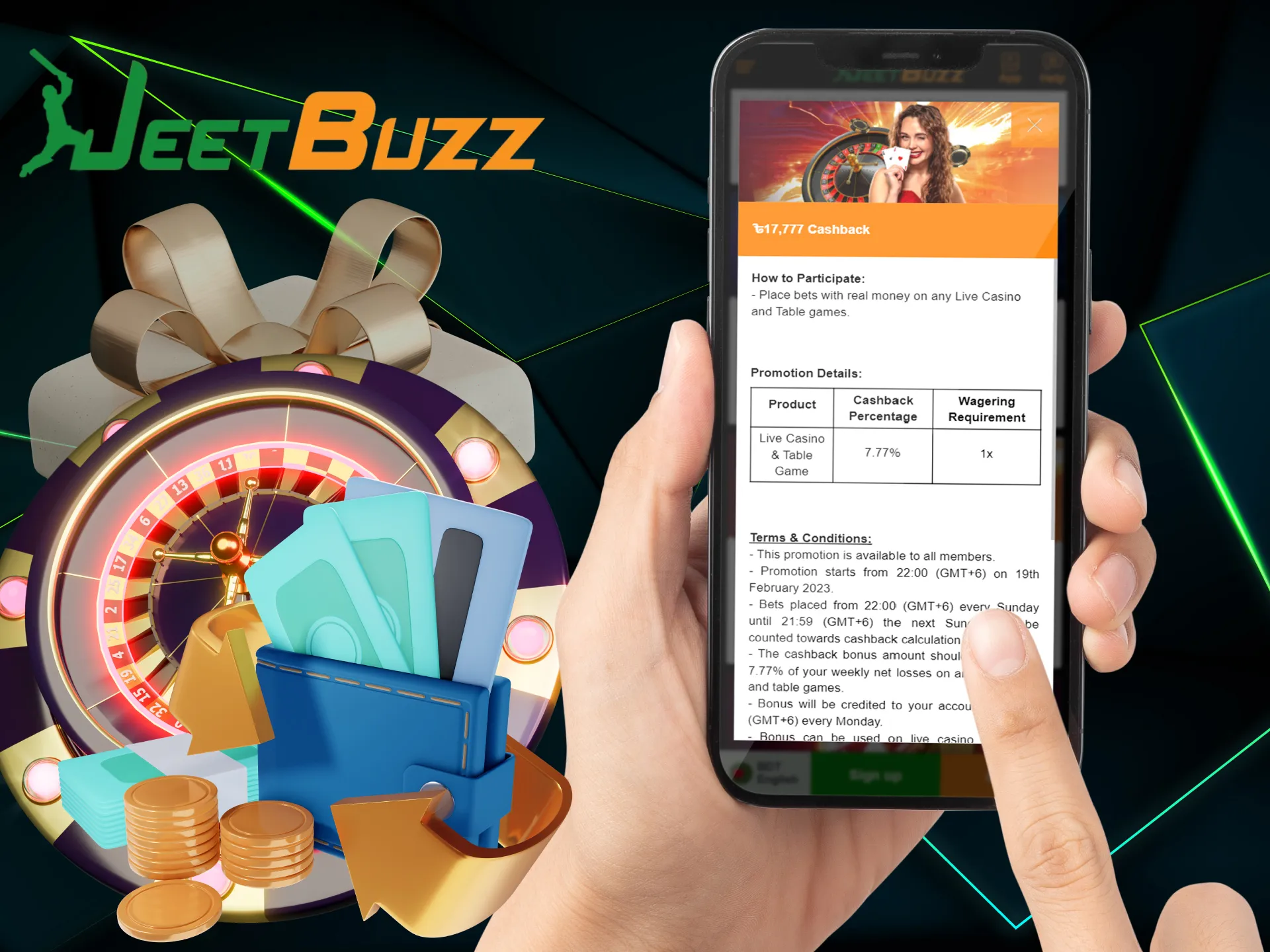 You can get a cashback of ৳17,777 by betting at JeetBuzz Casino.